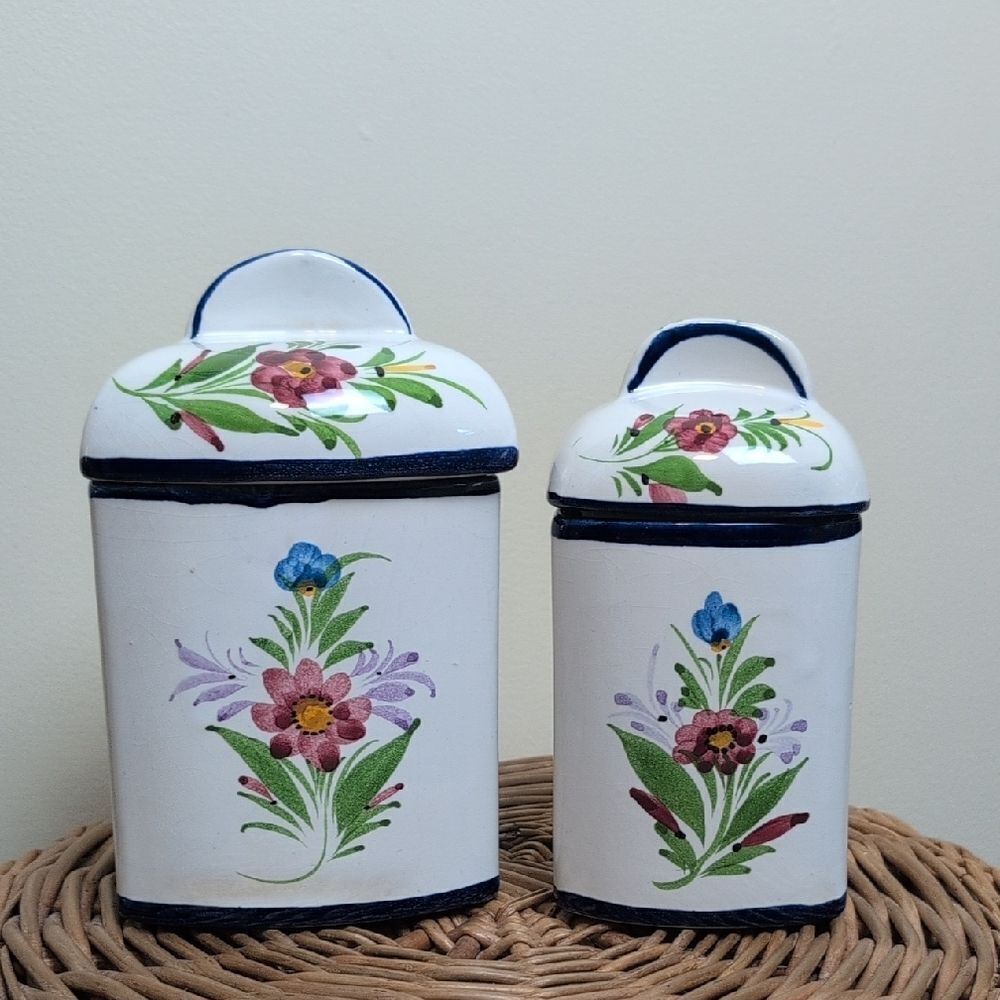 Vintage RC & CL Hand Painted Floral Canisters Set Of 2 Made In Portugal
